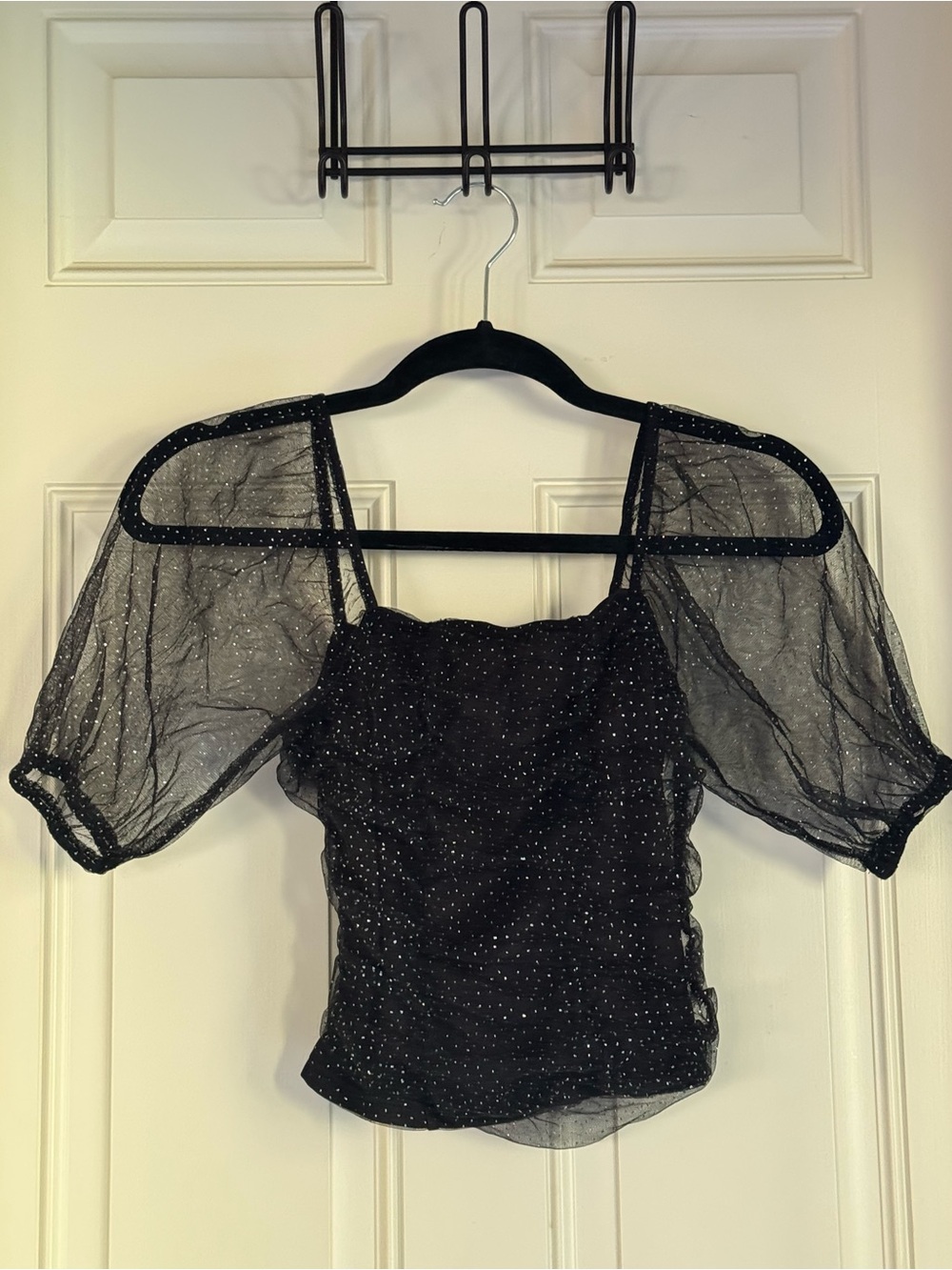 SHEIN Black Sheer Puff Sleeve Sparkle Blouse